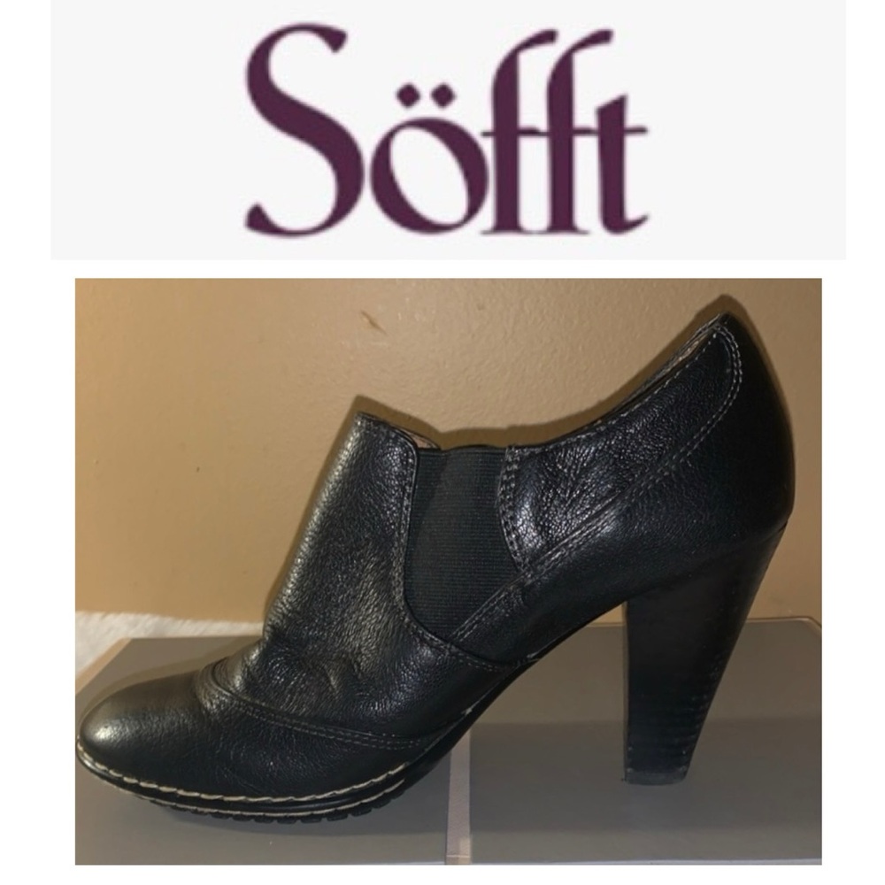 🎿 SOFFT Black Soft Smooth Leather Shoe Boots 3.5” Heel Slip On 8.5